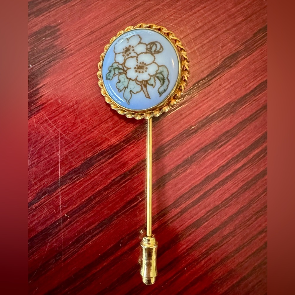 Vintage Floral Blue and Gold Stick Pin, Bing and Grondahl, Signed